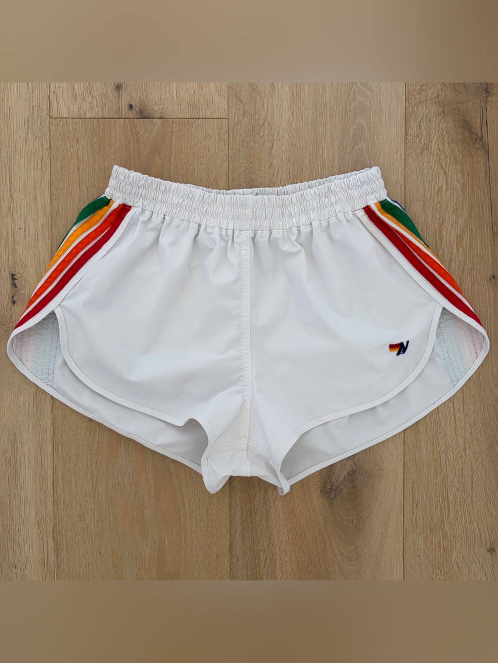 Aviator Nation Womens Rainbow Stripe Running Shorts White Sz L Retro Dolphin*A21